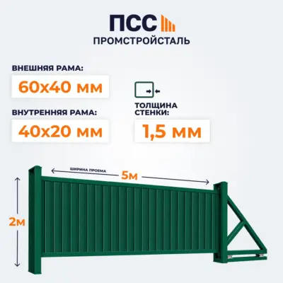 Ворота откатные с Профлистом, 2х5 м, зеленые