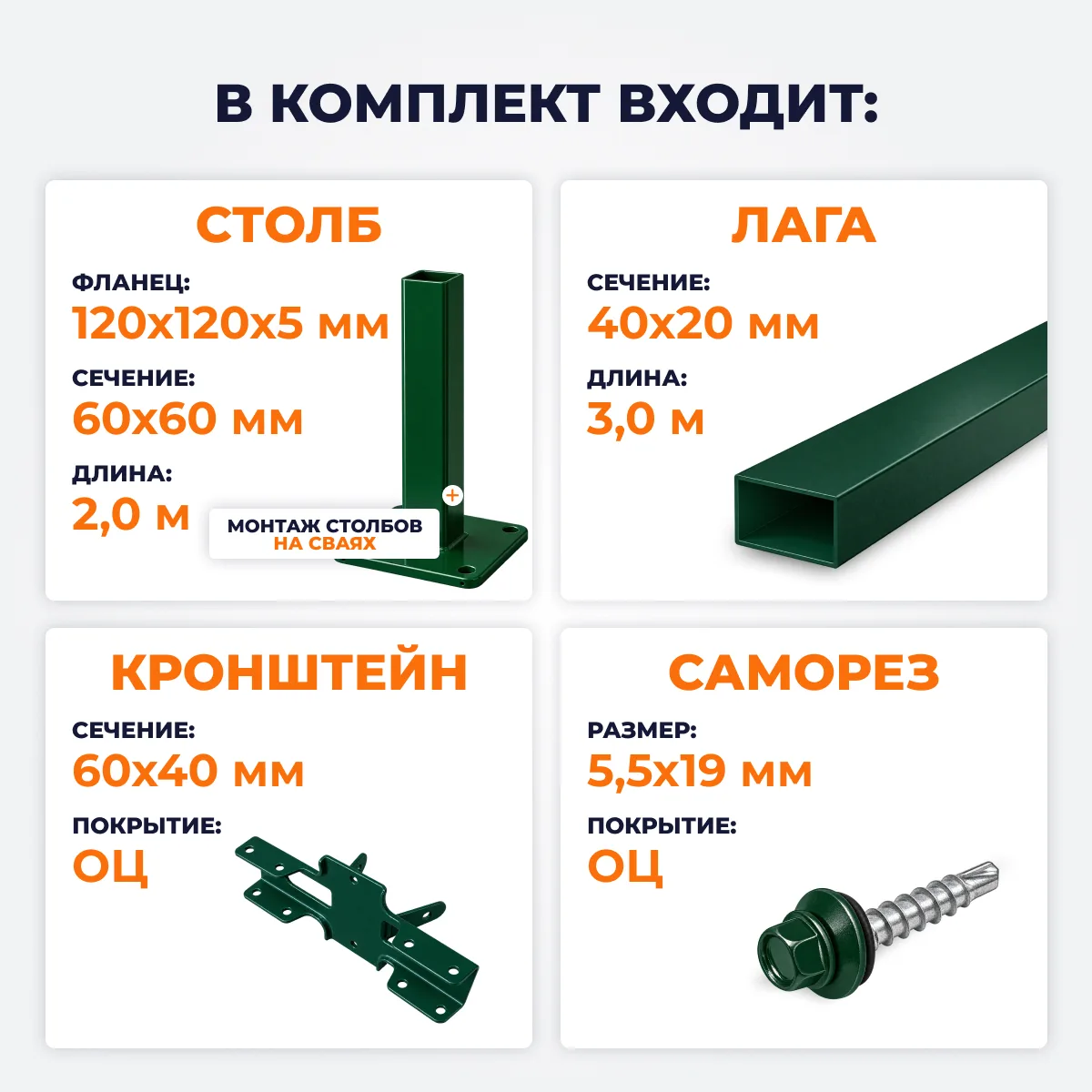 Забор ПРЕМИУМ,2,0 м из Профлиста, зеленый (столбы на сваях)