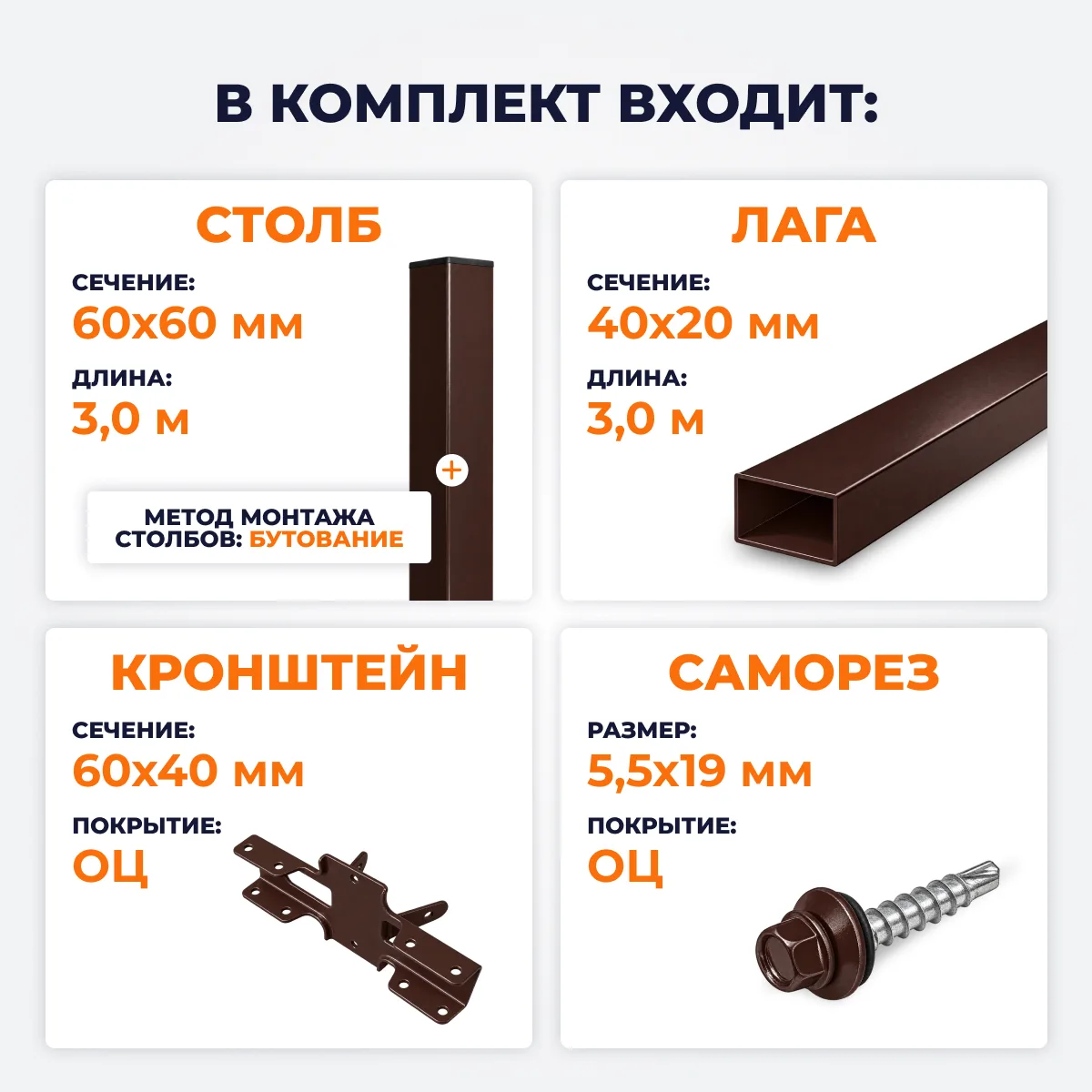 Забор СТАНДАРТ,1,7 м из Штакетника в 1 ряд, коричневый (бутование)