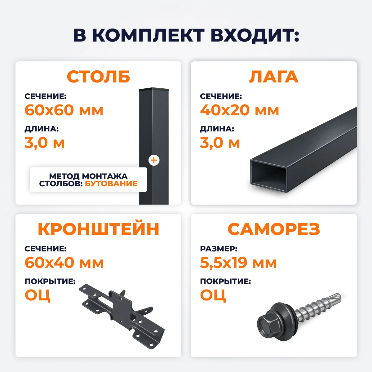 Забор СТАНДАРТ,1,7 м из Штакетника в 1 ряд, темно-серый (бутование)